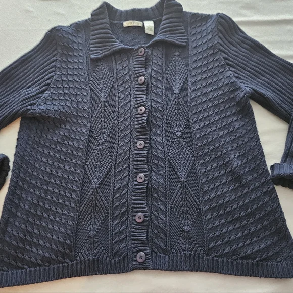 Orvis Sweater Womens XL Navy Cotton Button Up Cable Knit Cardigan Collard VTG - Picture 11 of 12